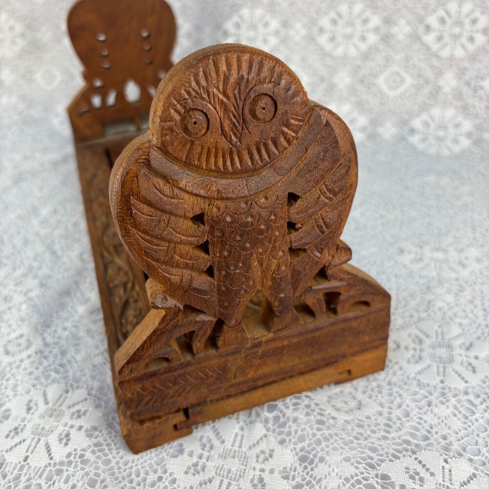Vintage Hand Carved Wood Owl Bookends Expandable Sliding Book Rack Floral India